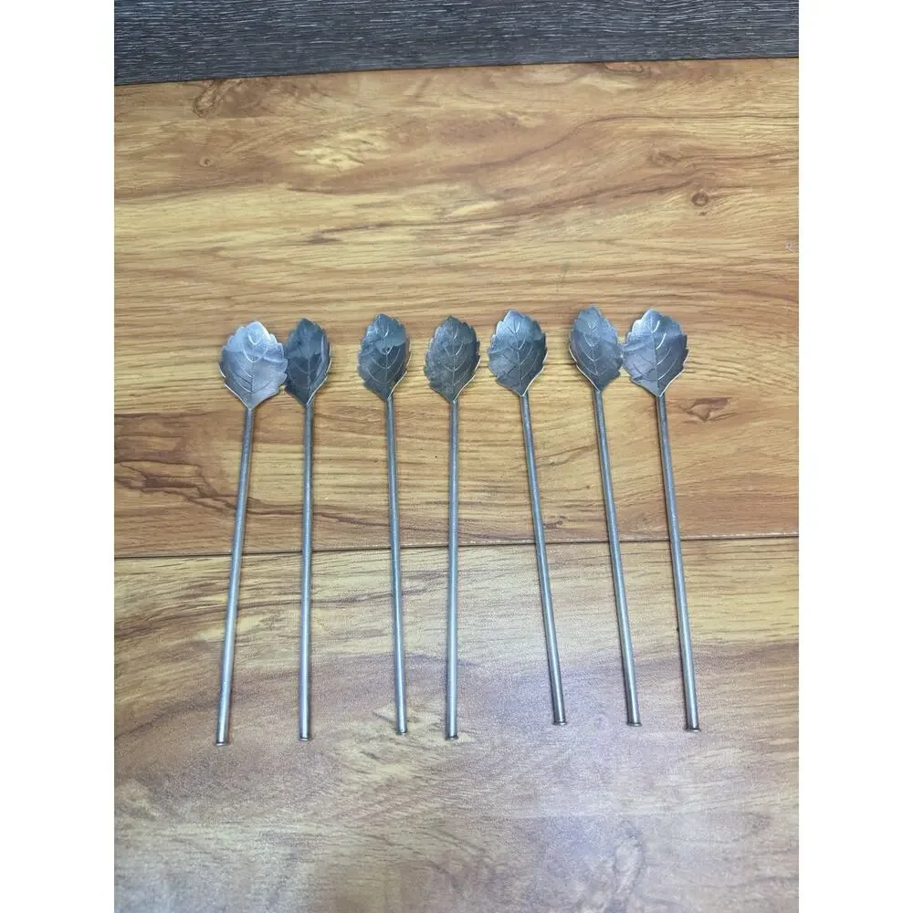 Vintage H & Co Silver Tone Leaf Sipper Straws Iced Tea Spoons 7-1/4” ~Set of 7